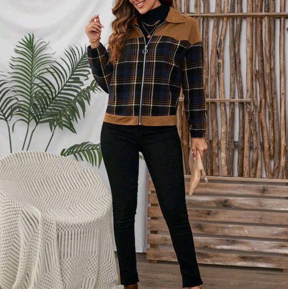 Women's Plaid Long Sleeve Zip Front Casual Jacket, Autumn/Winter - Picture 6 of 6
